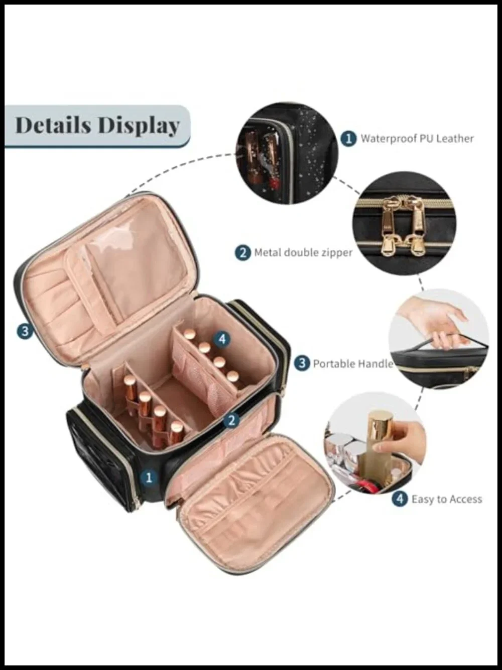 Large Makeup Bag with Brush Compartment & Multiple Pockets, Travel Cosmetic
